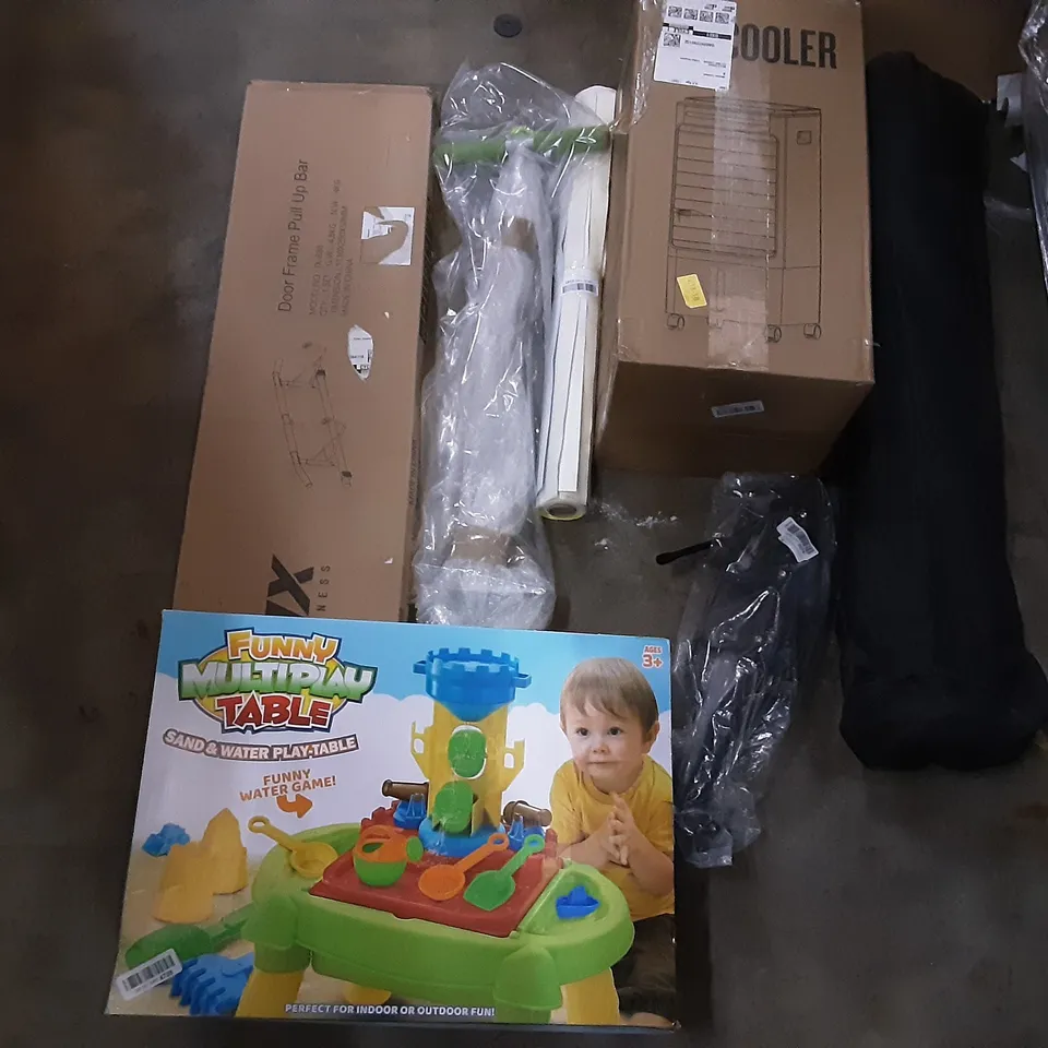 PALLET OF ASSORTED PRODUCTS INCLUDING FUNNY MULTIPLAY TABLE, JX FITNESS DOOR FRAME PULL UP BAR, AIR COOLER, POGO STICK, AREALER FOOT SPA MASSAGER, ELECTRICAL NERVE STIMULATORR