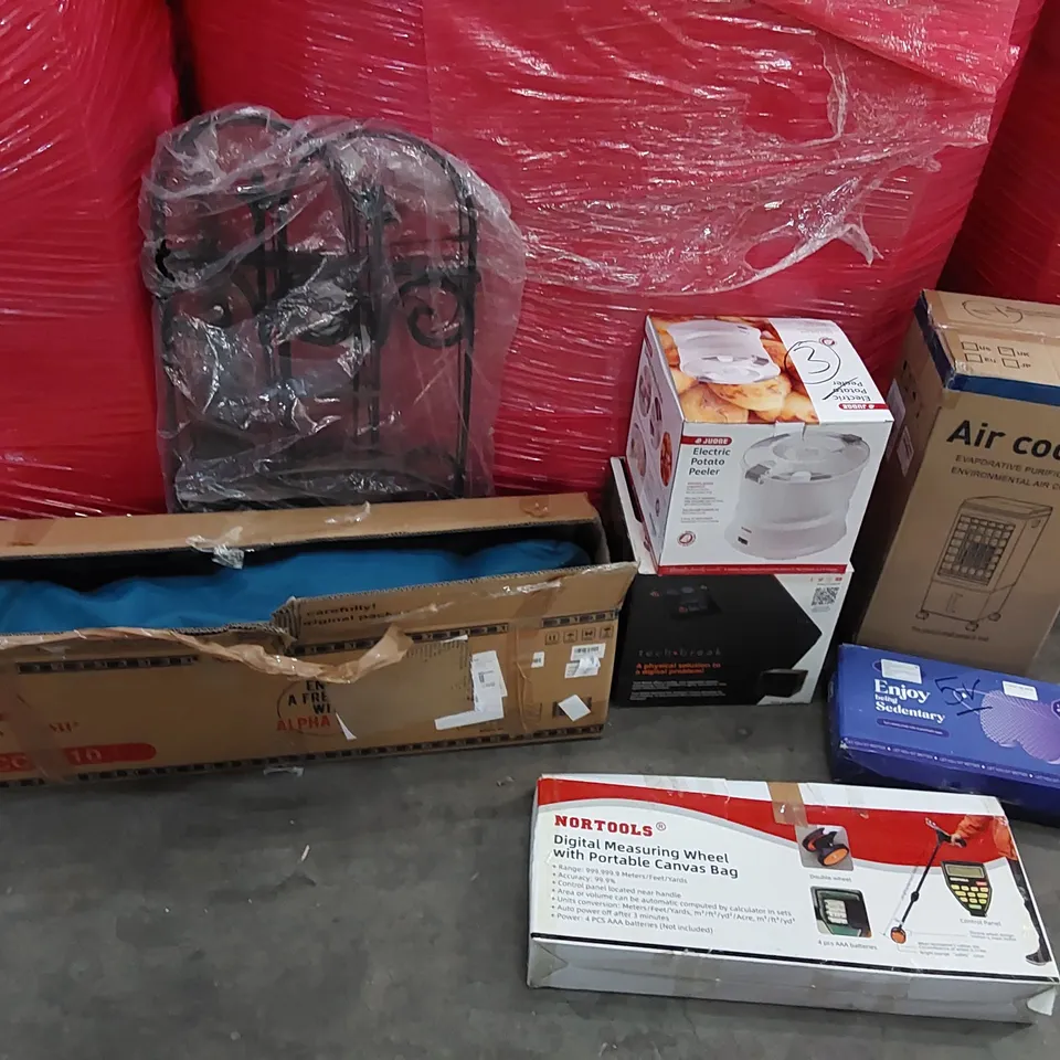 PALLET OF ASSORTED CONSUMER GOODS AND FURNITURE PRODUCTS TO INCLUDE; ALPHA CAMP MOON CAMPING CHAIR, ELECTRIC POTATO PEELER, TECH BREAK SAFE, DIGITAL MEASURING WHEEL, AIR COOLER, COMFORT CUSHION ECT.