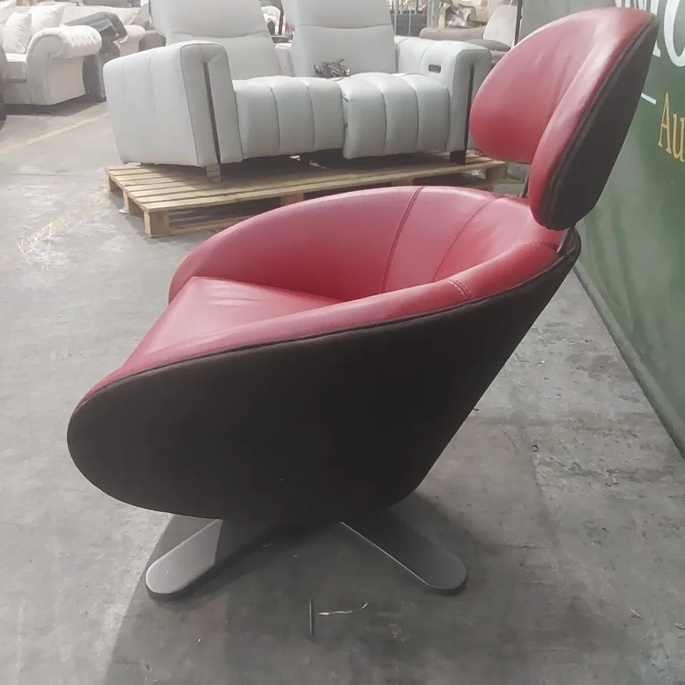 QUALITY DESIGNER ITALIAN MADE LEATHER UPHOLSTERED COCONUT SWIVELLING ARMCHAIR WITH SUEDE BACK AND REMOVABLE HEADREST