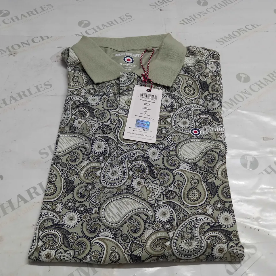 LAMBRETTA PAISLEY BRAND POLO IN DESERT SAGE - LARGE