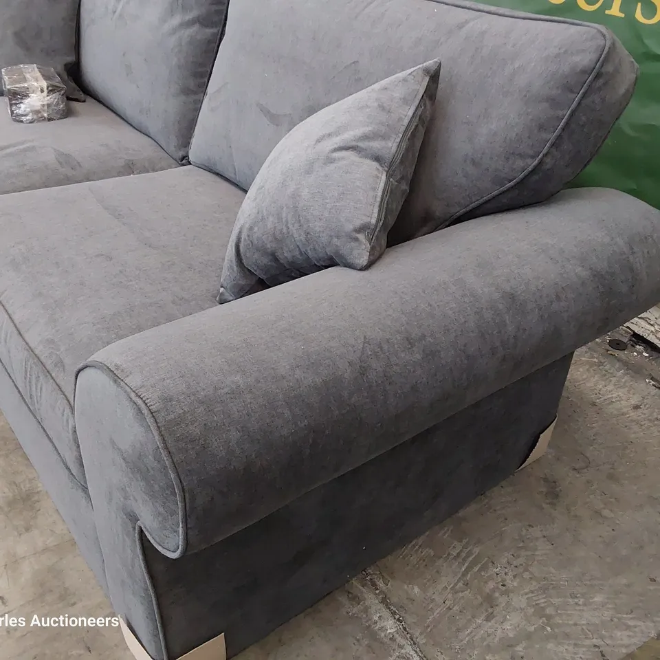 DESIGNER SCROLL ARM THREE SEATER SOFA GREY FABRIC 