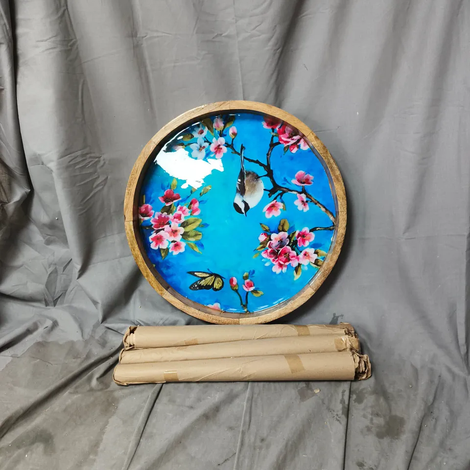 ROUND WOODEN-FRAMED TABLE TOP FEATURING BLUE BACKGROUND WITH BIRD ON BLOSSOM BRANCH, WITH LEGS FOR ASSEMBLY