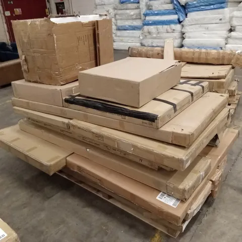 PALLET OF ASSORTED DESIGNER INCOMPLETE FURNITURE PARTS TO INCLUDE; DINING TABLE, BED, WARDROBE PARTS AND PIECES ETC