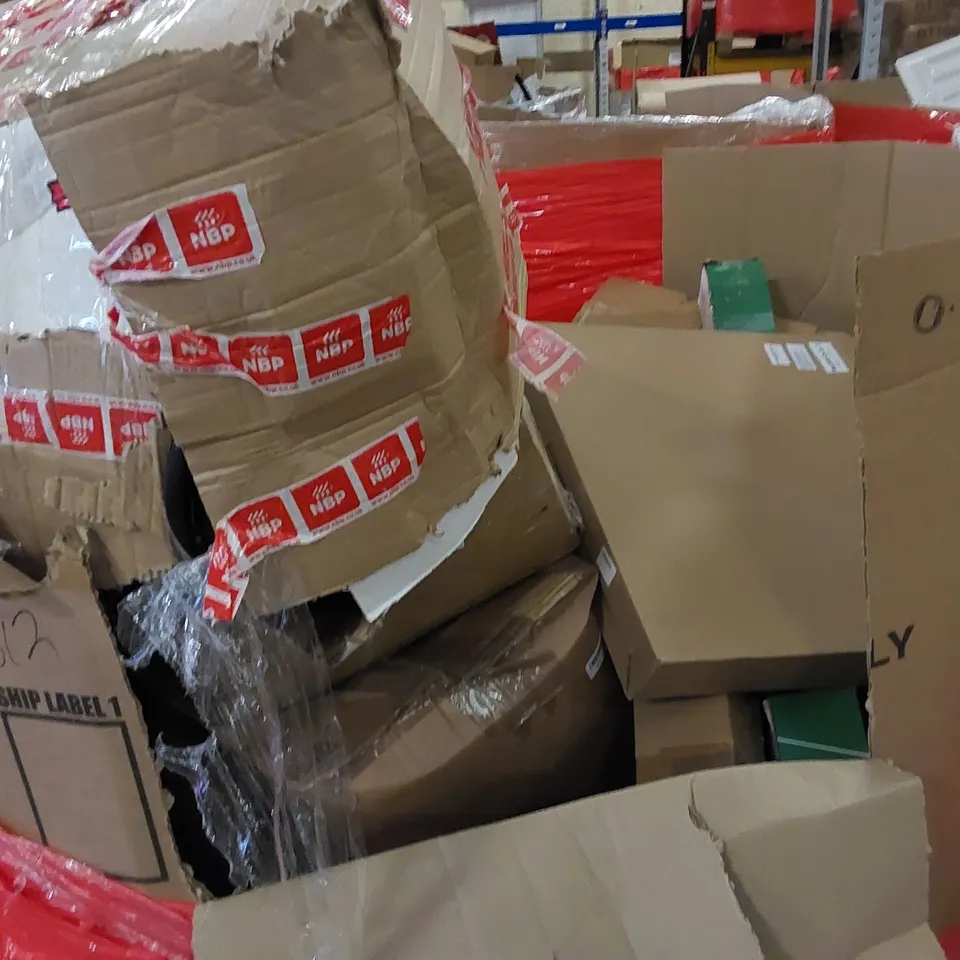 PALLET TO CONTAIN ASSORTED HOUSEHOLD ITEMS AND CONSUMER PRODUCTS. INCLUDING SAFETY GATE, BOXED FURNITURE ETC