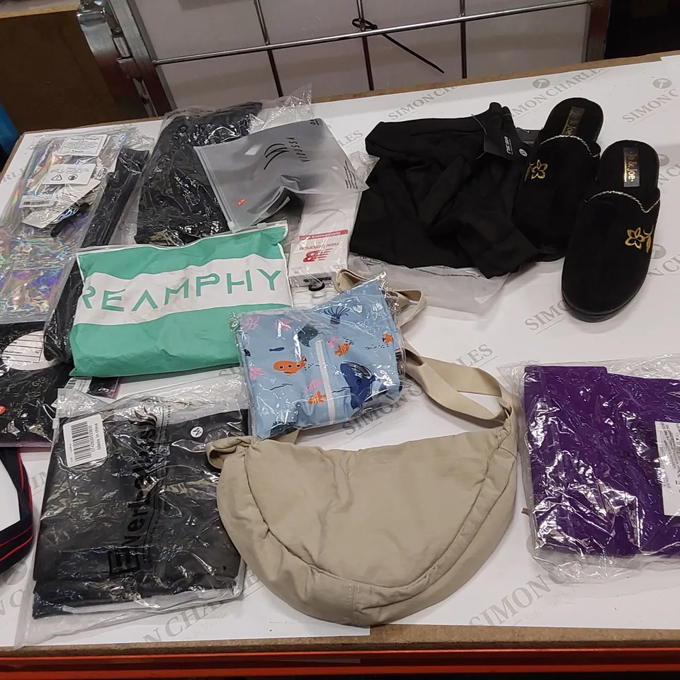 12 BRAND NEW ITEMS TO INCLUDE: PURPLE LIGHT-UP HAT, JO&JOE SLIPPERS, NEW BALANCE PERFORMANCE SOCKS, SHOE HORN