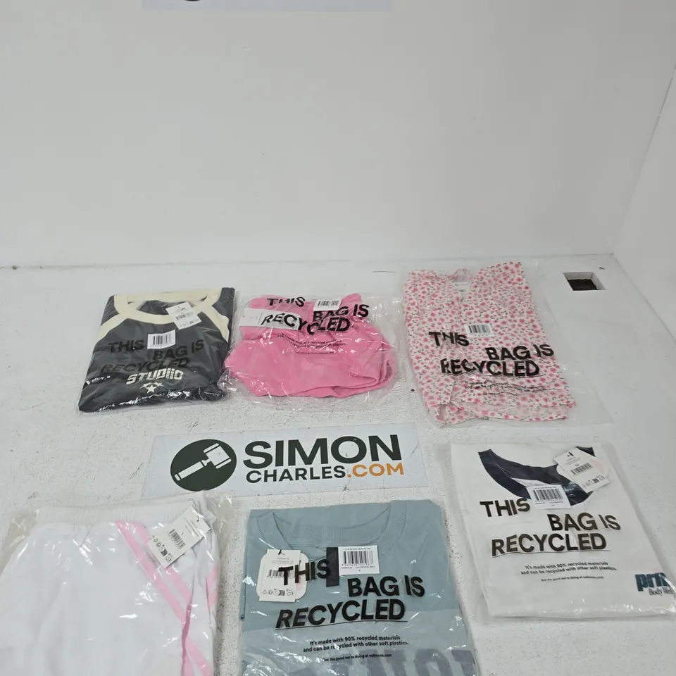BOX OF APPROXIMATELY 20 PIECES OF ASSORTED COTTON ON CLOTHING ITEMS INCLUDING OFFSIDE WOVEN MICRO SHORT, ACTIVE GRAPHIC TEE AND CROPPED FIT GRAPHIC T-SHIRT