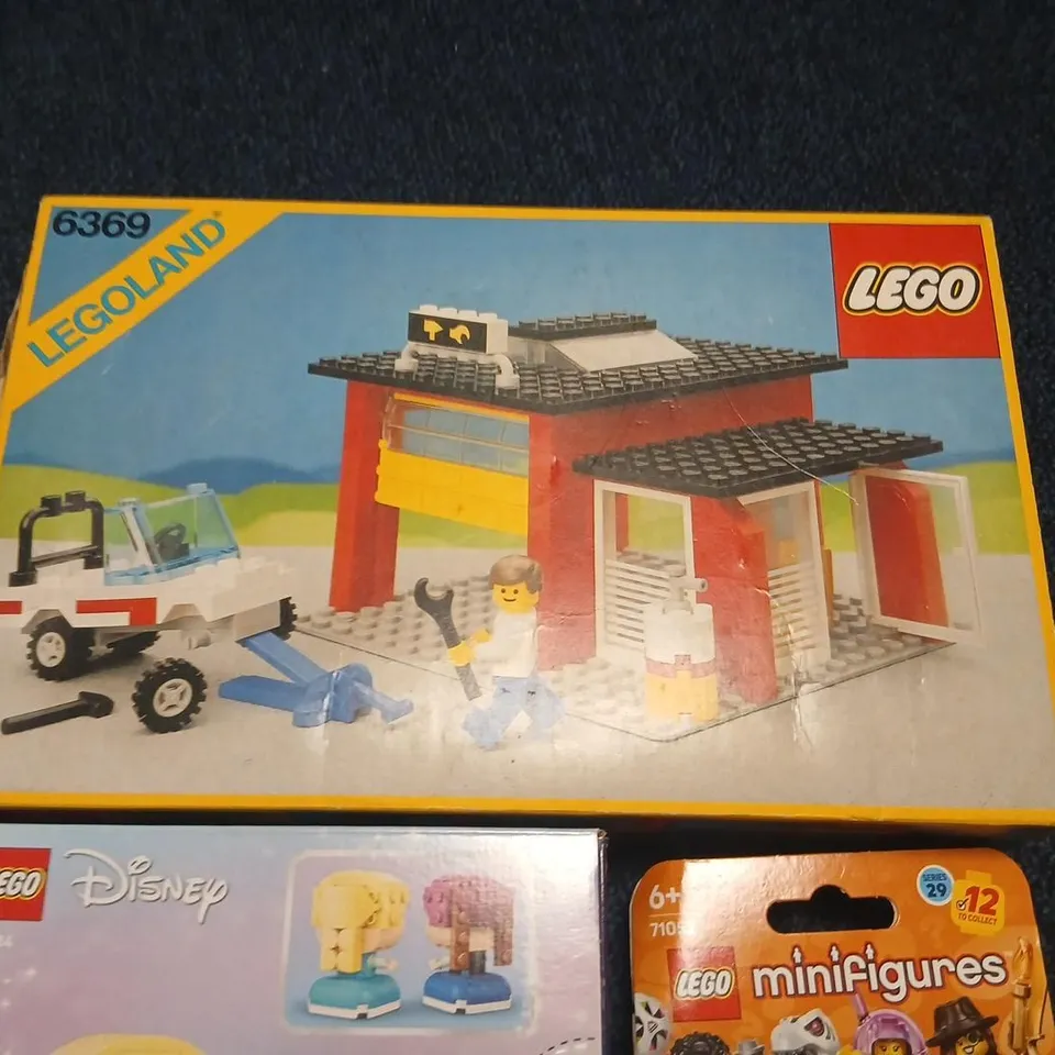 THREE ASSORTED LEGO PRODUCTS TO INCLUDE; 6369 LEGOLAND BOX, LEGO DISNEY FROZEN MINI-FIGURES BOX, AND LEGO MINIFIGURES 71052 PACK