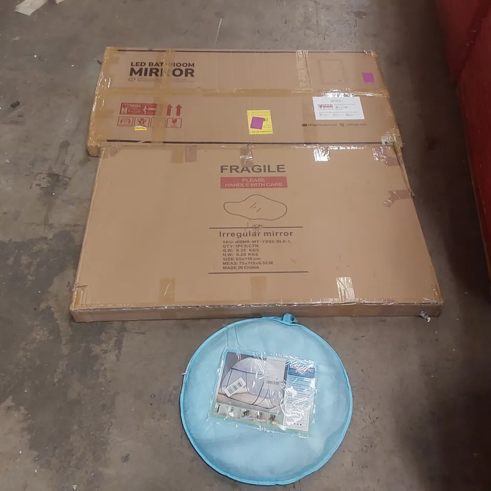 PALLET CONTAINING A VERY LARGE QUANTITY OF ASSORTED ITEMS INCLUDING: LED BATHROOM MIRROR, IRREGULAR MIRROR, MOSQUITO NET ECT
