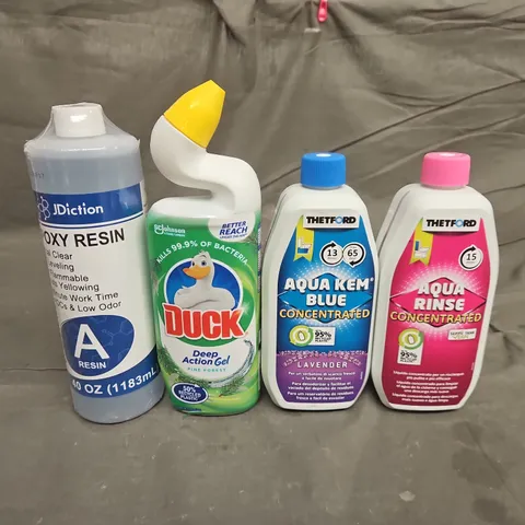 TOTE OF APPROXIMATELY 6 ASSORTED CLEANING  ITEMS AND PRODUCTS TO INCLUDE DUCK, AQUA RINSE AND EPOXY RESON - COLLECTION ONLY 