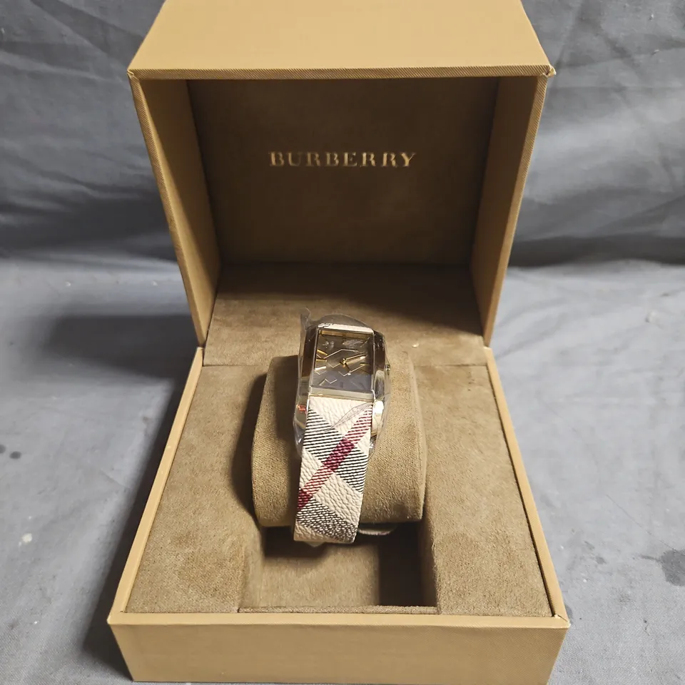 BURBERRY RECTANGULAR GOLD-TONE WATCH WITH BURBERRY CHECK STRAP