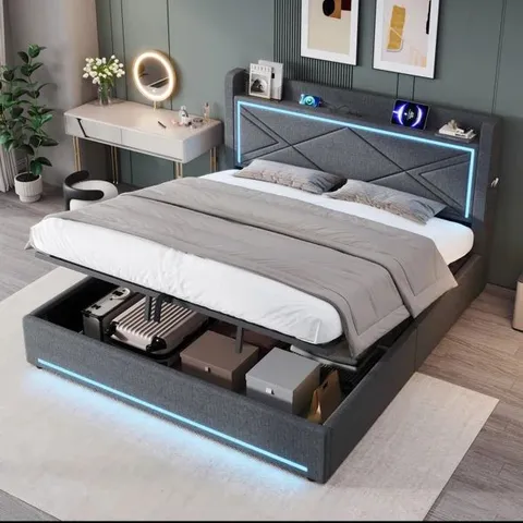 BOXED OTTOMAN BED WITH LED AND USB, LINEN - GREY (2 BOXES)