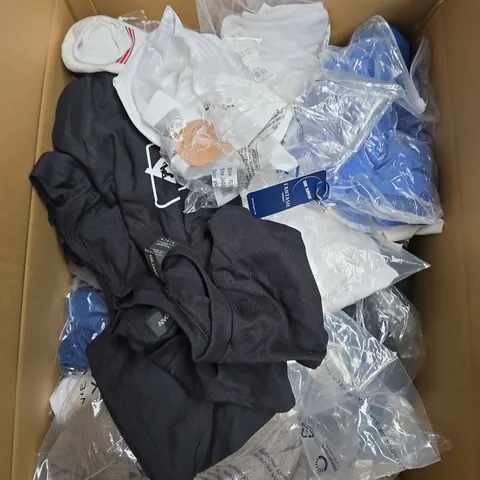 LARGE BOX OF APPROXIMATELY 20 ASSORTED CLOTHING ITEMS IN VARIOUS SIZES, STYLES AND COLOUR
