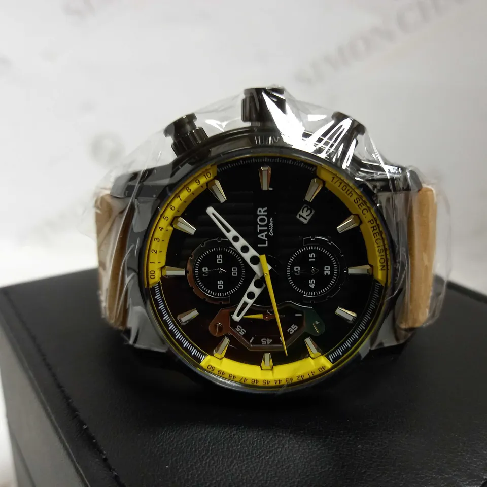 LATOR CALIBRE BLACK & YELLOW FACE SUEDE LEATHER STRAP WATCH RRP £635