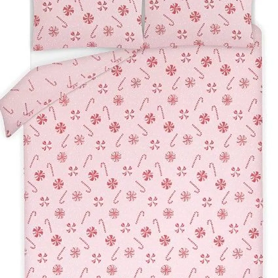 BRAND NEW PINK CANDY CANE EASY CARE DOUBLE 144 THREAD COUNT DUVET SET WITH TWO PILLOWCASES 