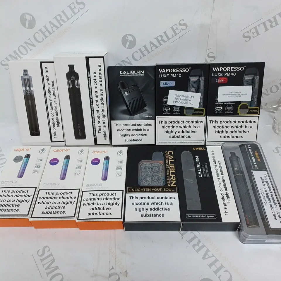 BOX OF APPROXIMATELY 10 ASSORTED E-CIGARETTE PRODUCTS & ACCESSORIES TO INCLUDE ASPIRE, UWELL, VAPORESSO ETC 
