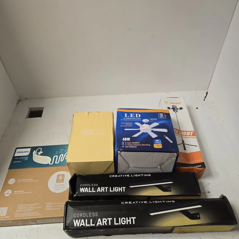 BOX OF APPROXIAMTELY 15 ASSORTED ITEMS INCLUDING PHILLPS SLEEP HEADPHONES, AN ULTRA HD PROJECTOR AND A CORDLESS WALL ART LIGHT