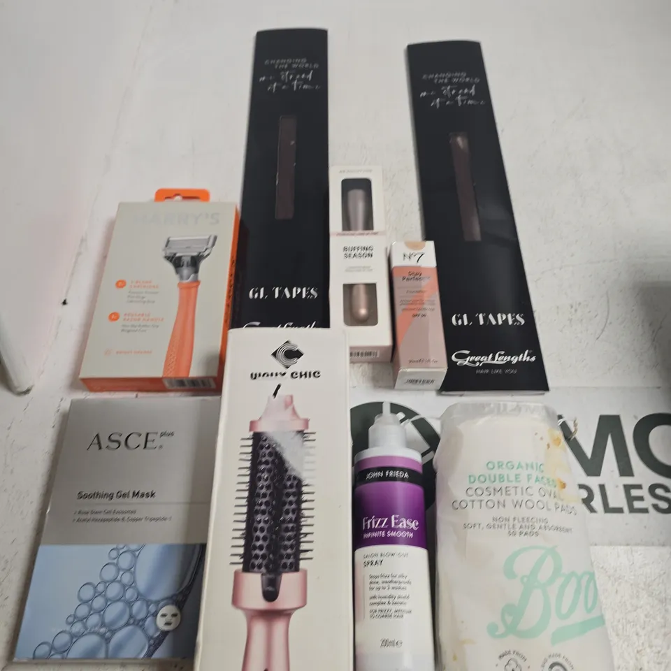 TOTE OF APPROXIMATELY 10 ASSORTED ITEMS INCLUDING BOOTS ORGANIC DOUBLE FACED COTTON WOOL PADS, JOHN FRIEDA SALON BLOW-OUT SPRAY AND NO7 FOUNDATION IN CALICO