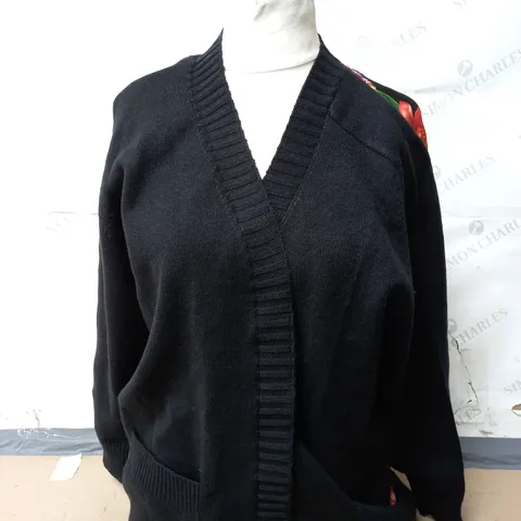 FRANK USHER SATIN CARDIGAN IN BLACK FLORAL SIZE S/M  