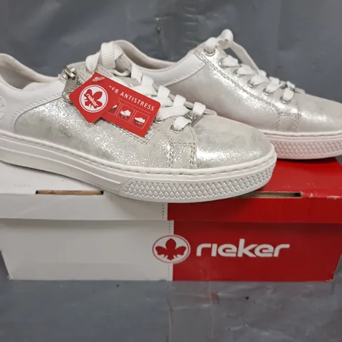BOXED PAIR OF RIEKER LEATHER TRAINERS IN SILVER SIZE 6