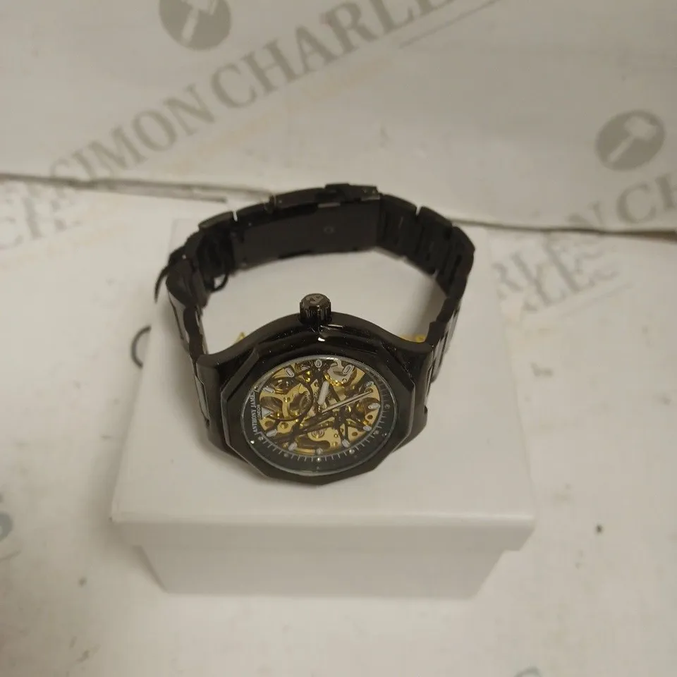 BOXED ANTHONY JAMES GENTS SPORTS SKELETON WATCH WITH STAINLESS STEEL BRACELET - 3ATM. 