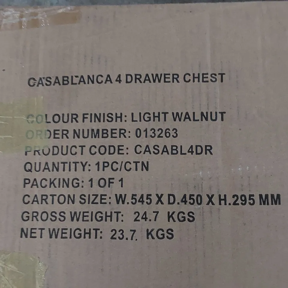 BOXED CASABLANCA 4 DRAWER CHEST - LIGHT WALNUT (1 BOX)