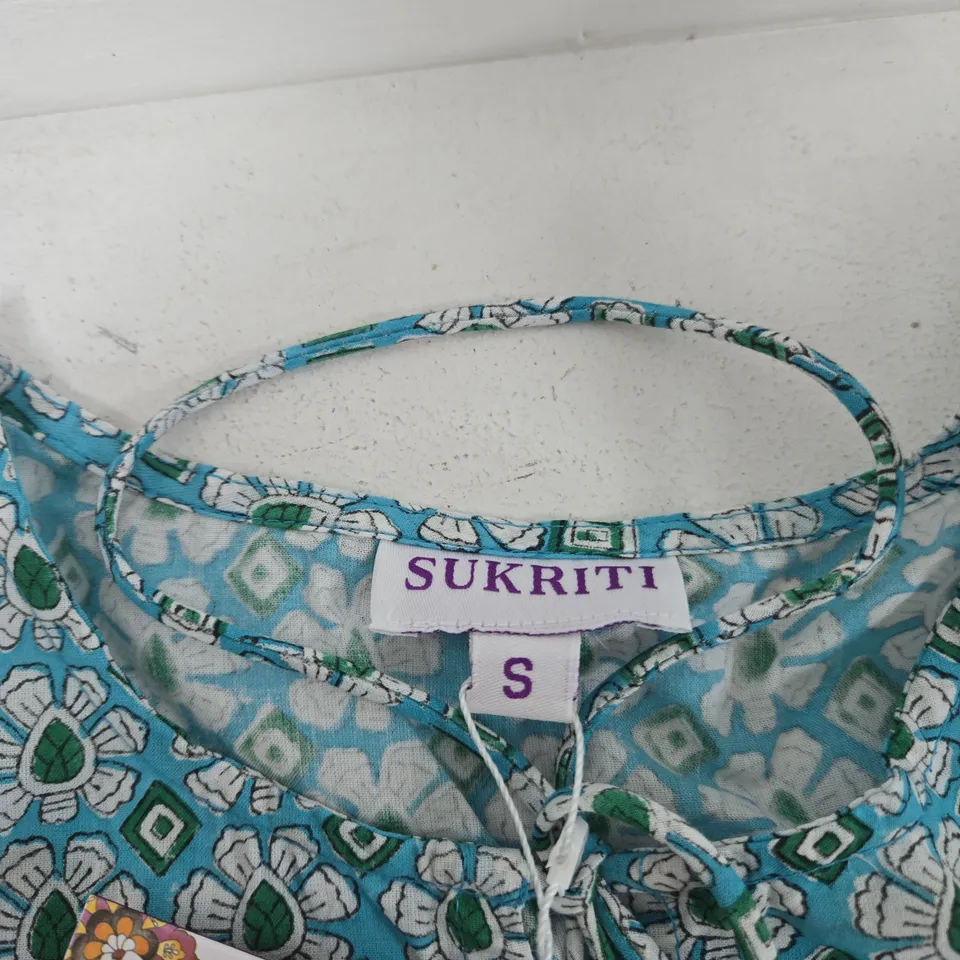 BAGGED SUKRITI WOMEN'S TURQUOISE PRINT DRESS – SIZE UK SMALL (S) WITH WAIST TIE