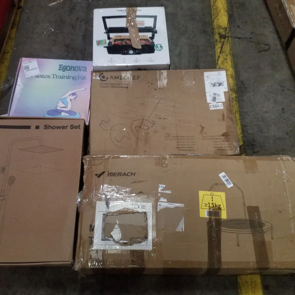 PALLET CONTAINING ASSORTED PRODUCTS INCLUDING TRAMPOLINE WITH RAIL, DOUBLE INDUCTION COOKER, SHOWER SET, PILATES TRAINING KIT & PANINI PRESS + GRILL