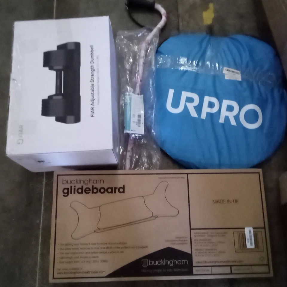 PALLET OF ASSORTED ITEMS INCLUDING ADJUSTABLE STRENGTH DUMBBELL, OFFSET CANE CHERY BLOSSOM, GLIDEBOARD, POP UP TENT, PORTABLE TOILET, 