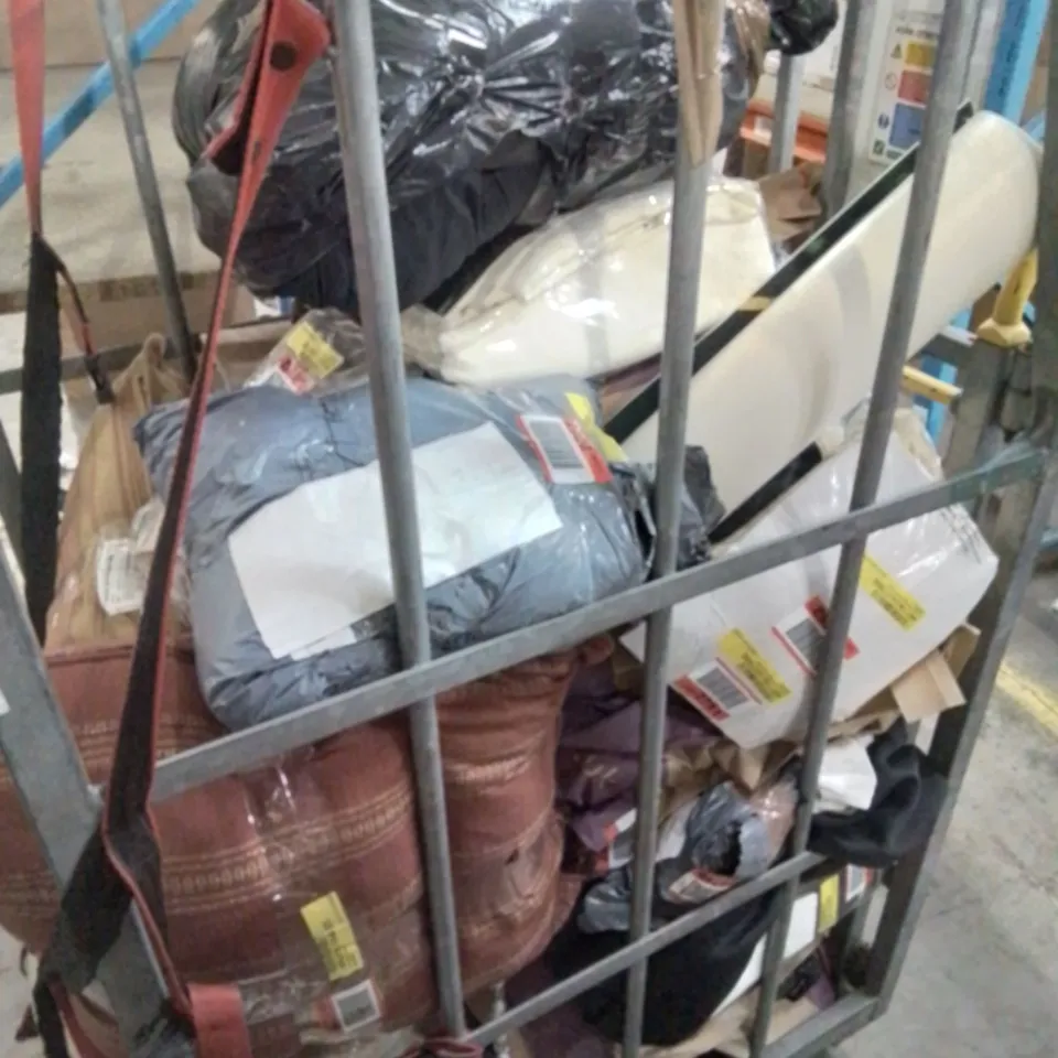 CAGE CONTAINING VARIOUS SOFT FURNISHINGS, CURTAINS, CUSHIONS ETC. 