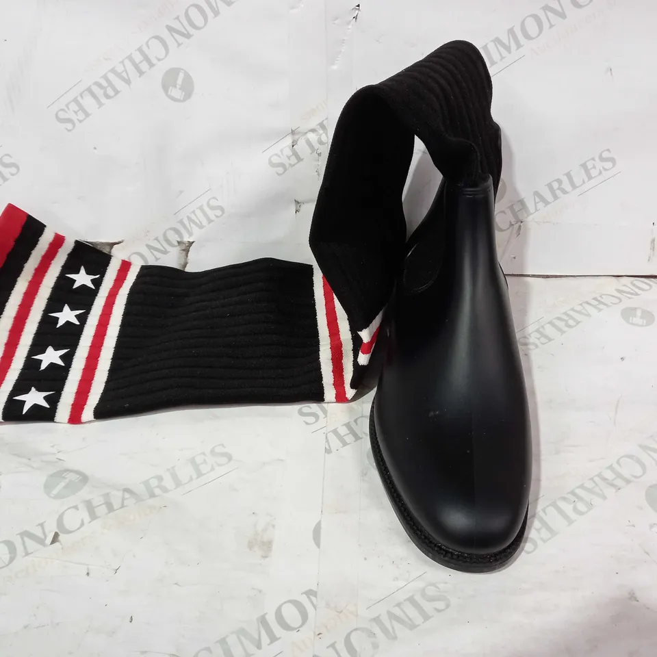 BOXED PAIR OF GIVENCHY THIGH HIGH SOCK BOOTS IN BLACK/RED/WHITE WITH STAR PATTERN SIZE UNSPECIFIED