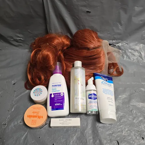 APPROXIMATEY 20 ASSORTED HEALTH AND BEAUTY PRODUCTS TO INCLUDE - WIG - AVON SHOWER CREAM - PURIFIDE DAILY CLEANSER - ETC