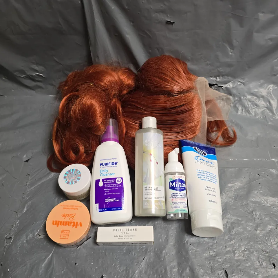 APPROXIMATEY 20 ASSORTED HEALTH AND BEAUTY PRODUCTS TO INCLUDE - WIG - AVON SHOWER CREAM - PURIFIDE DAILY CLEANSER - ETC
