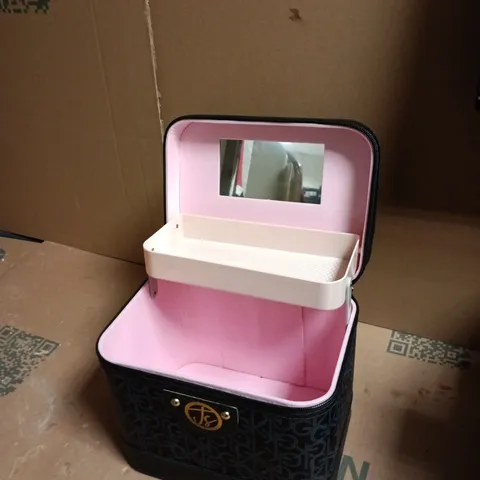 VANITY MAKEUP CASE WITH PINK INTERIOR, BLACK PATTERNED EXTERIOR