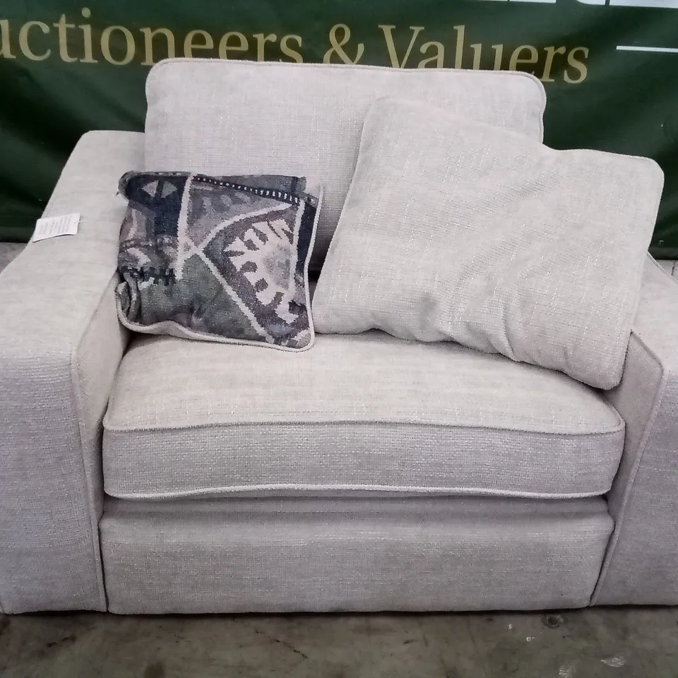 QUALITY DESIGNER COOPER CUDDLER POWER RECLINER SOFA BASE COLOUR - CHUNKI NATURAL / SCATTER CUSHION - MODASA GREY 
