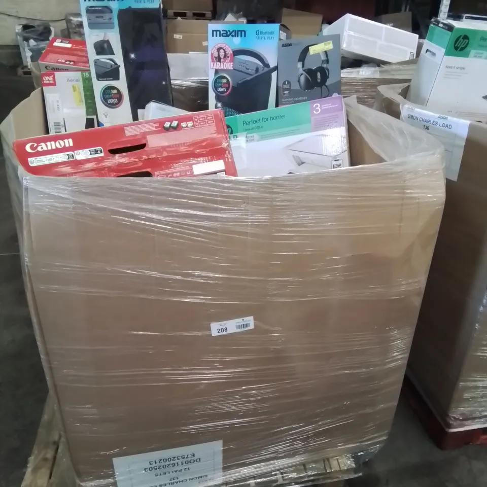 PALLET CONTAINING VARIOUS ASSORTED BOXED ELECTRONIC ITEMS TO INCLUDE: SEVERAL PRINTERS, CHARGERS, HEADPHONES, ALARM CLOCKS, SPEAKERS ETC.