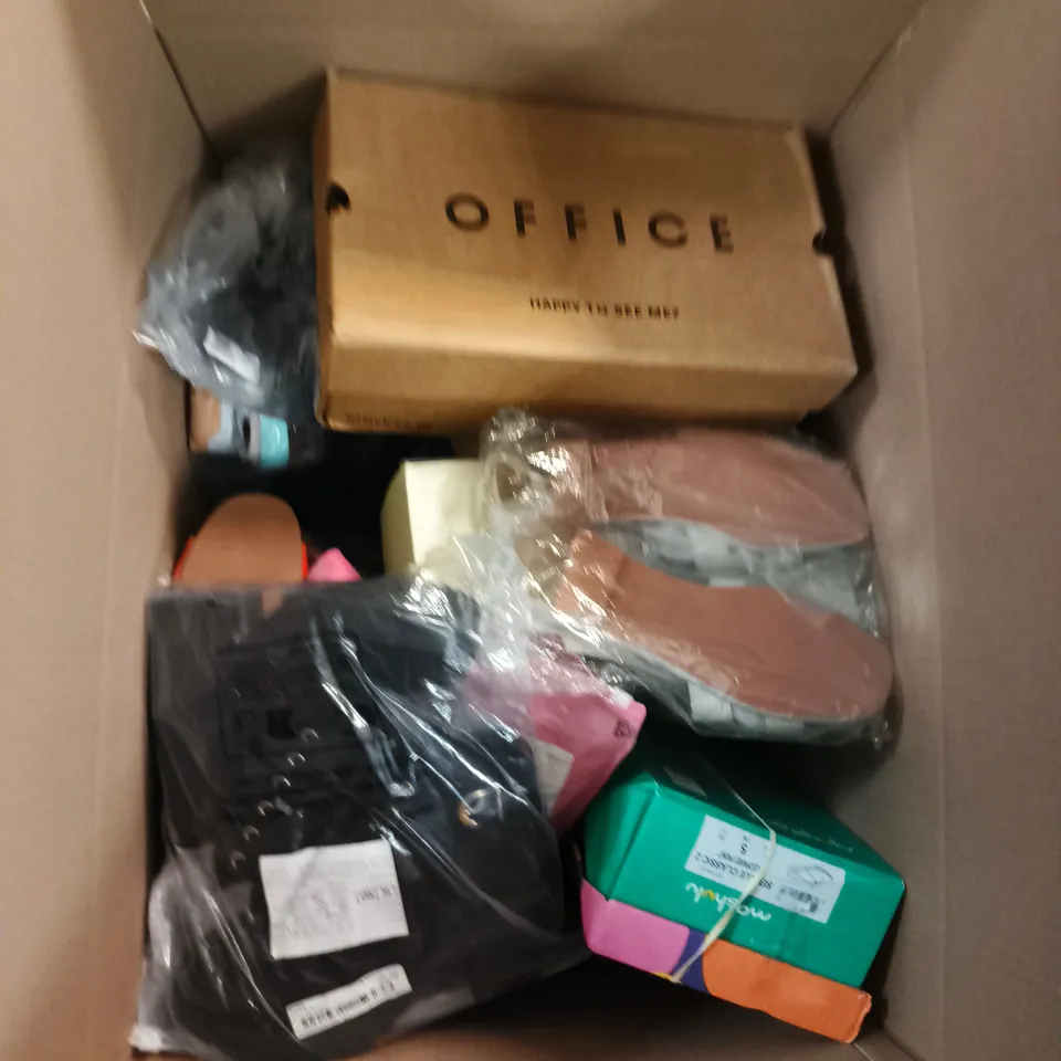 BOX OF APPROXIMATELY 10 PAIRS OF ASSORTED SHOES IN VARIOUS COLOUR, STYLES AND SIZES