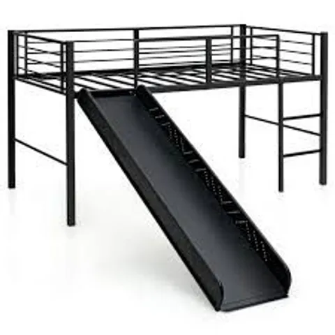 BOXED COSTWAY LOFT BED SINGLE SIZE KIDS BED FRAME W/ SAFETY GUARDRAILS LADDER & SLIDE - BLACK