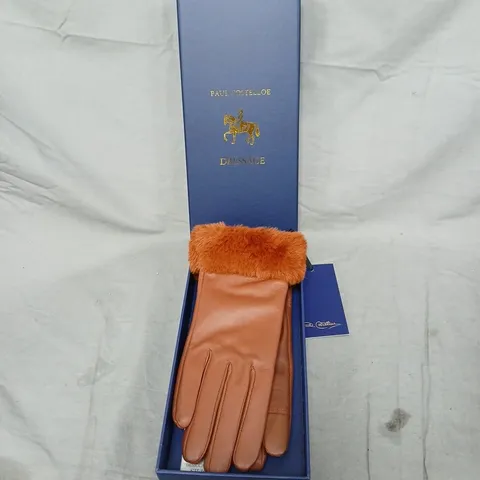 PAUL COSTELLOE DRESSAGE BROWN LEATHER GLOVES WITH FUR CUFF – BOXED