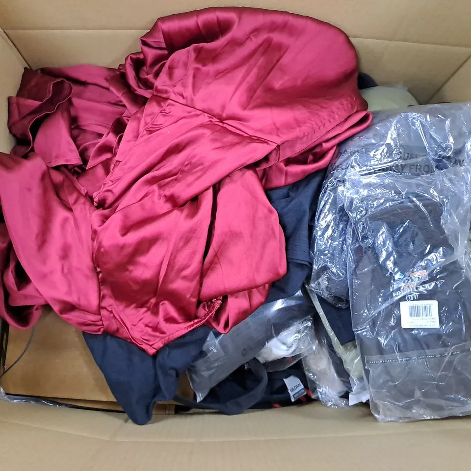 LARGE BOX OF ASSORTED CLOTHING ITEMS IN VARIOUS COLOURS AND SIZES INCLUDING TROUSERS , TOPS AND JUMPERS 