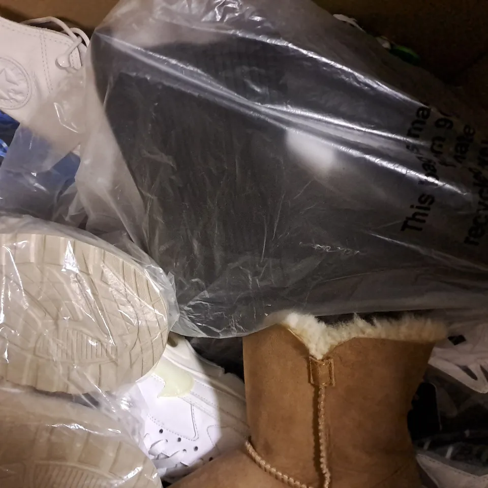 BOX OF APPROXIMATELY 10 ASSORTED PAIRS OF SHOES AND FOOTWEAR ITEMS IN VARIOUS COLOURS, STYLES, AND SIZES - COLLECTION ONLY