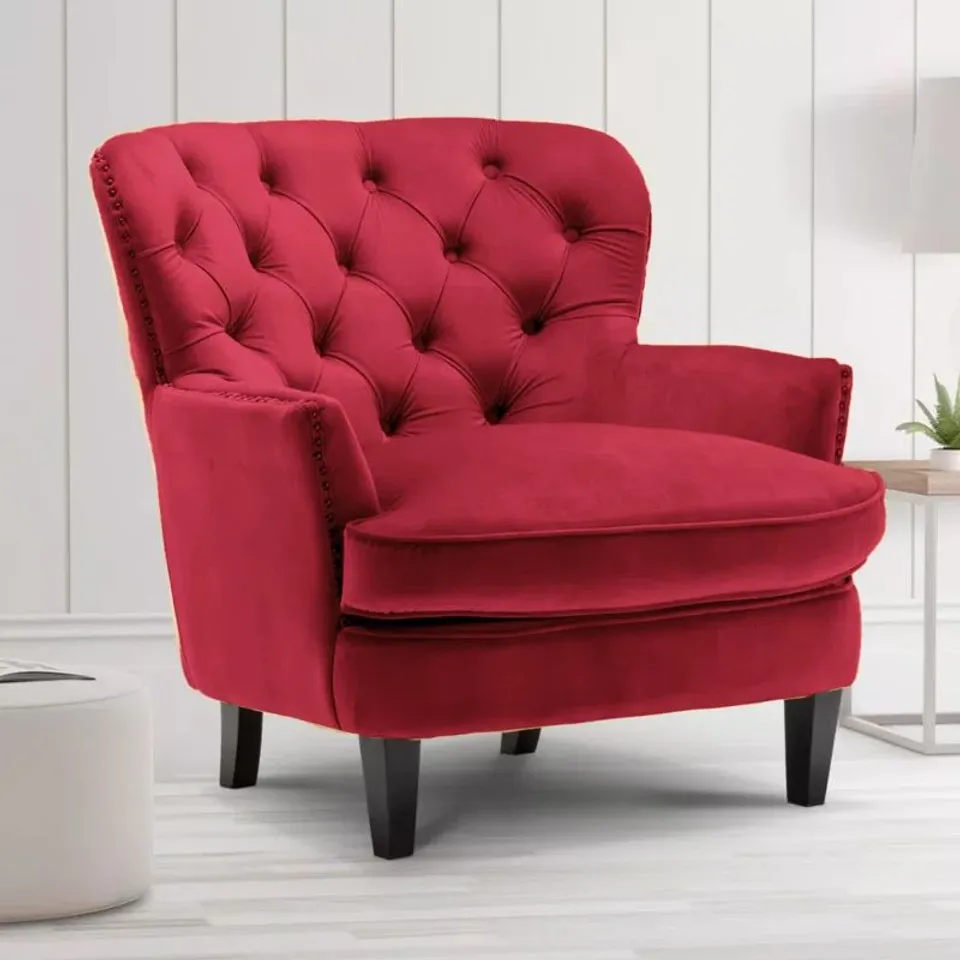 BOXED HIGGENBOTHAM VELVET WINGBACK ACCENT CHAIR WITH BUTTON-TUFTED BACK AND NAILHEAD TRIM - SCARLET 