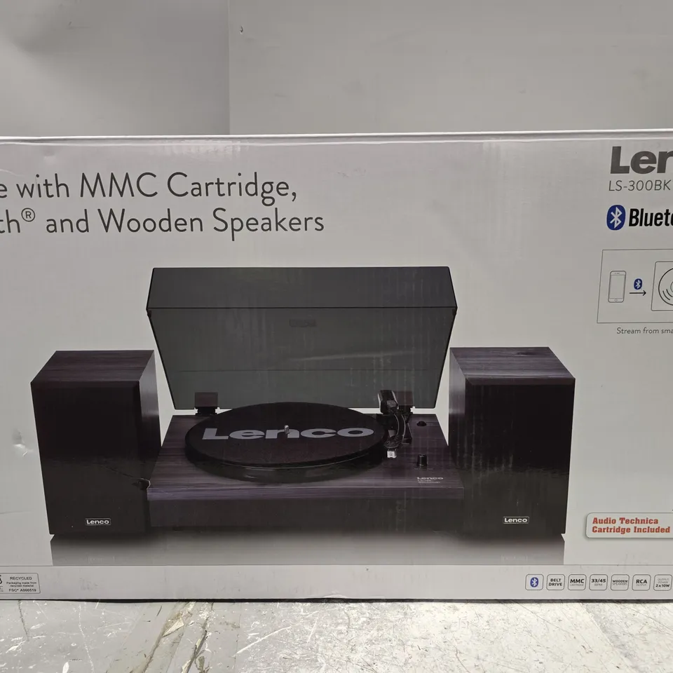 BOXED LENCO LS-300BK V2 TURNTABLE WITH MMC CARTRIDGES & BLUETOOTH AND WOODEN SPEAKERS 