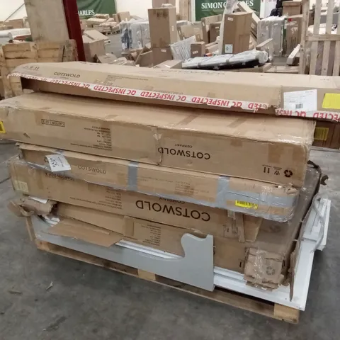 PALLET OF ASSORTED INCOMPLETE DESIGNER FURNITURE AND BED PARTS