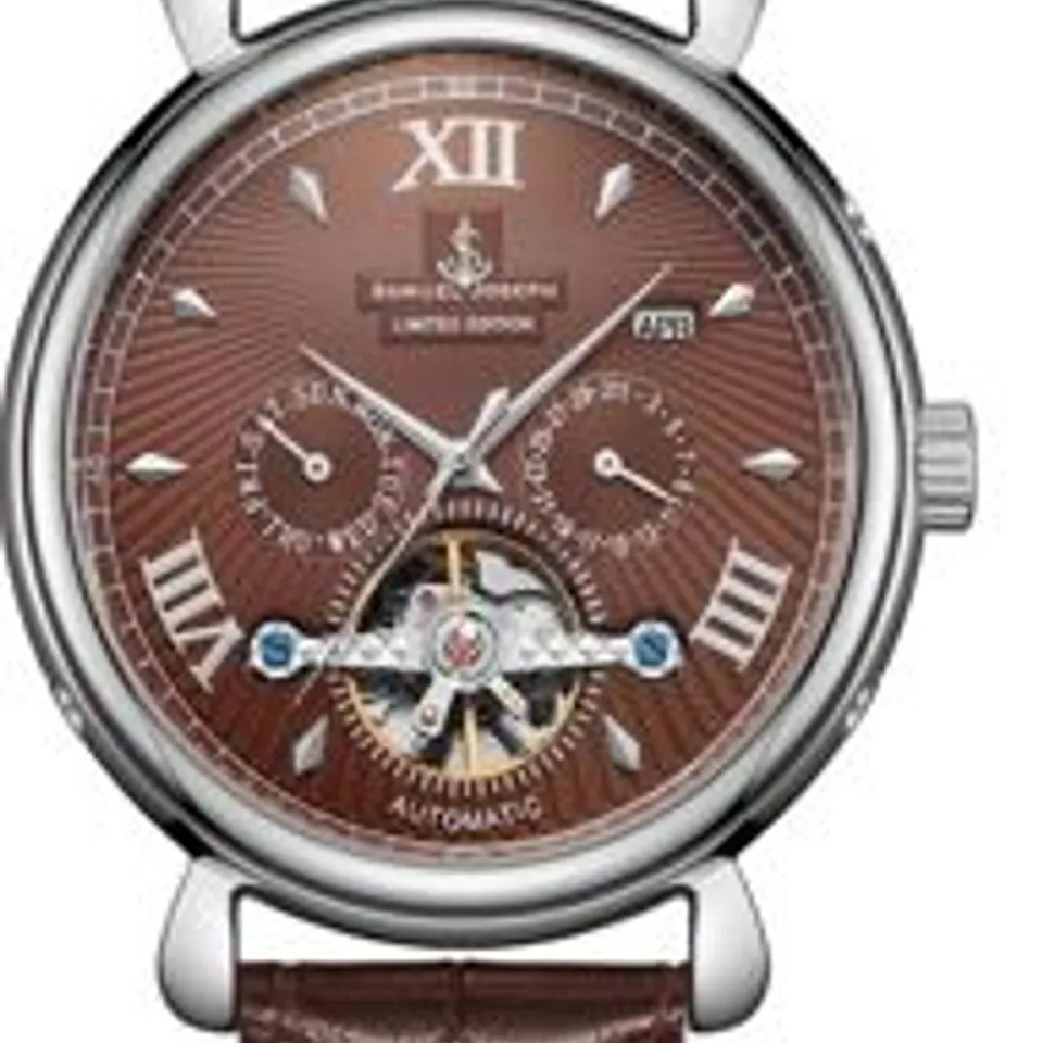 SAMUEL JOSEPH LIMITED EDITION STEEL & BROWN AUTOMATIC DESIGNER MENS WATCH - HAND ASSEMBLED - SKELETON CASE, 20 JEWELS AND A LUXURY GENUINE LEATHER STRAP - ROUND CASE - WATER RESISTANT