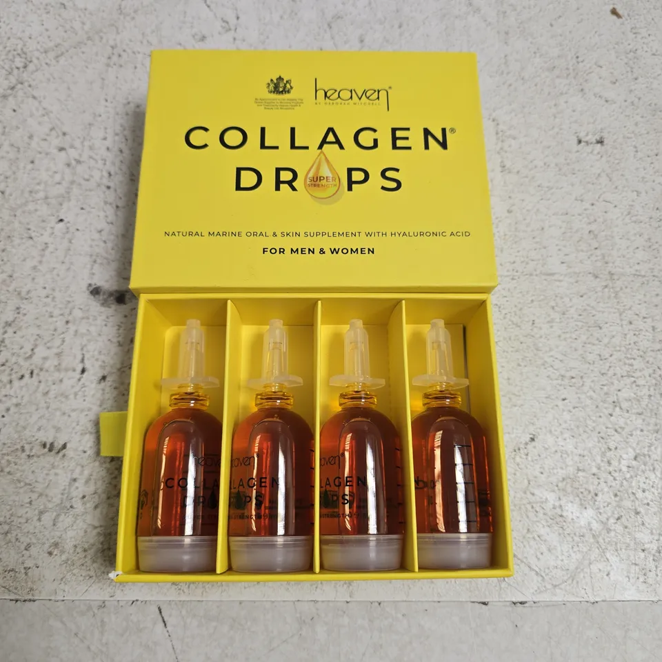HEAVEN COLLAGEN DROPS – NATURAL MARINE ORAL & SKIN SUPPLEMENT WITH HYALURONIC ACID, 4 X BOTTLES IN YELLOW BOX