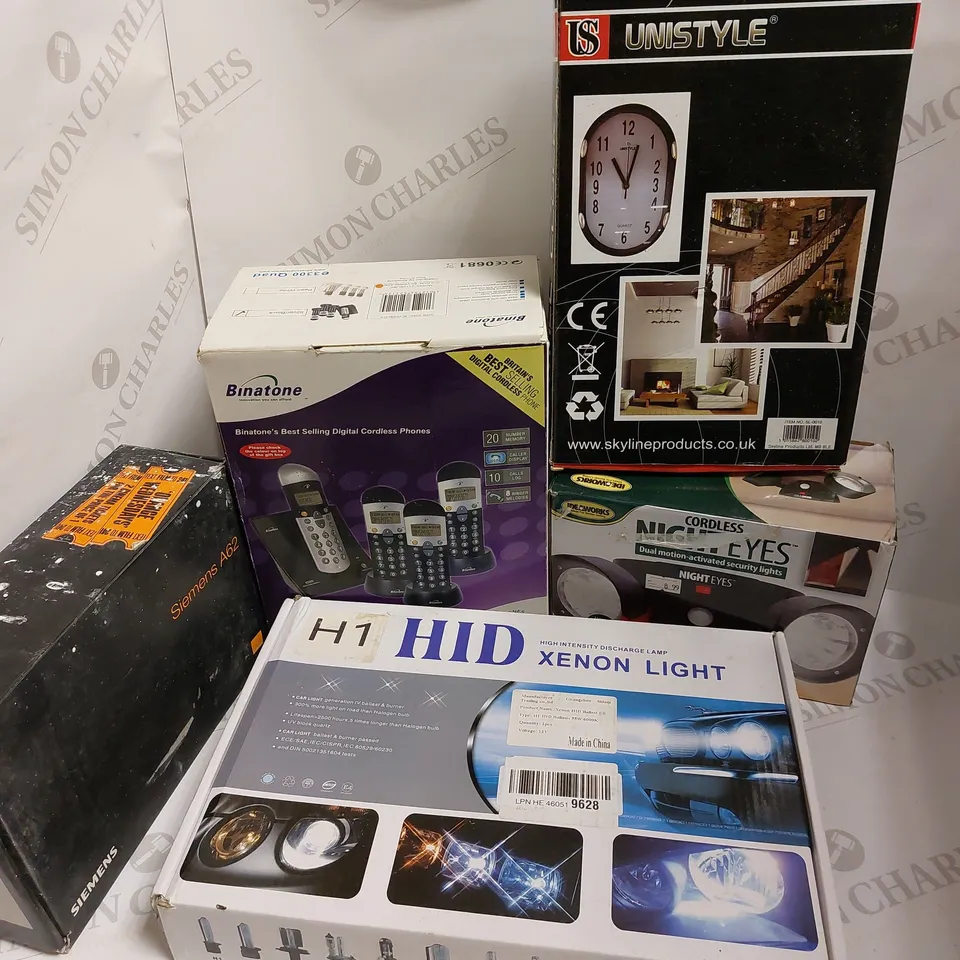 LOT OF 5 ITEMS INCLUDING HID XENON LIGHT, CORDLESS NIGHT EYES SECURITY LIGHTS, UNISTYLE WALL CLOCK