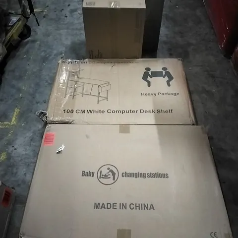 PALLET OF HOUSEHOLD ITEMS TO INCLUDE BABY CHANGING STATION,100 CM WHITE COMPUTER DESK SHELF, RECYCLED TOILET PAPER, CEILING FAN WITH LIGHT AND OTHER ASSORTED ITEMS...