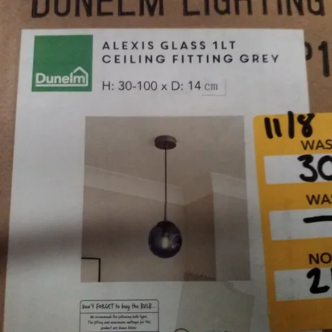 BOXED DUNELM ALEXIS GLASS 1LT CEILING FITTING GREY