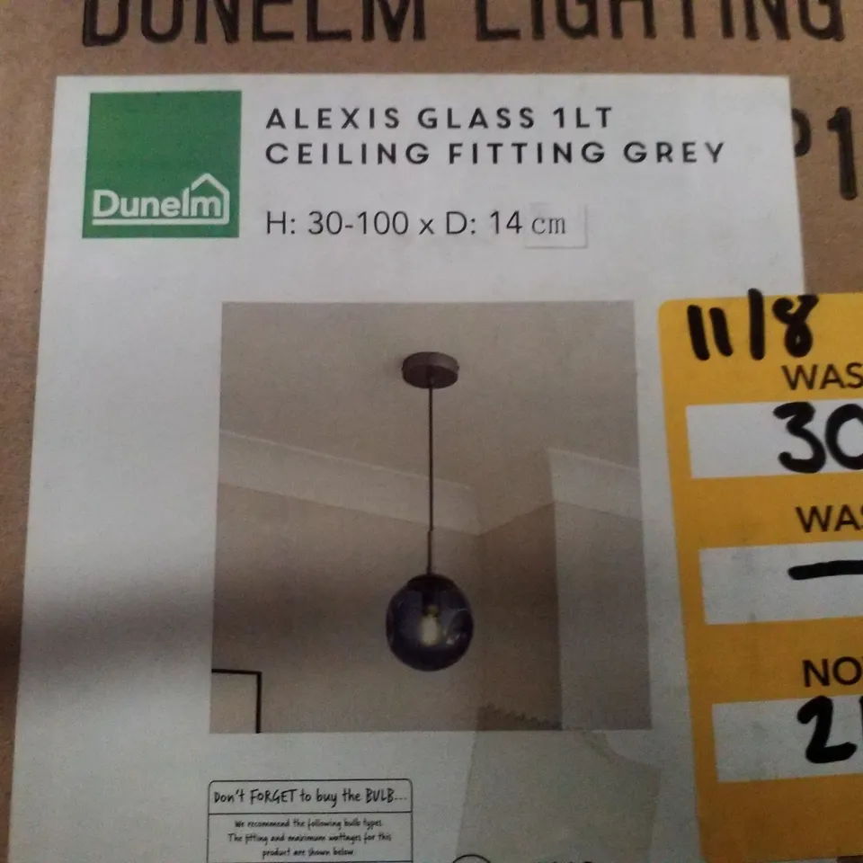BOXED DUNELM ALEXIS GLASS 1LT CEILING FITTING GREY