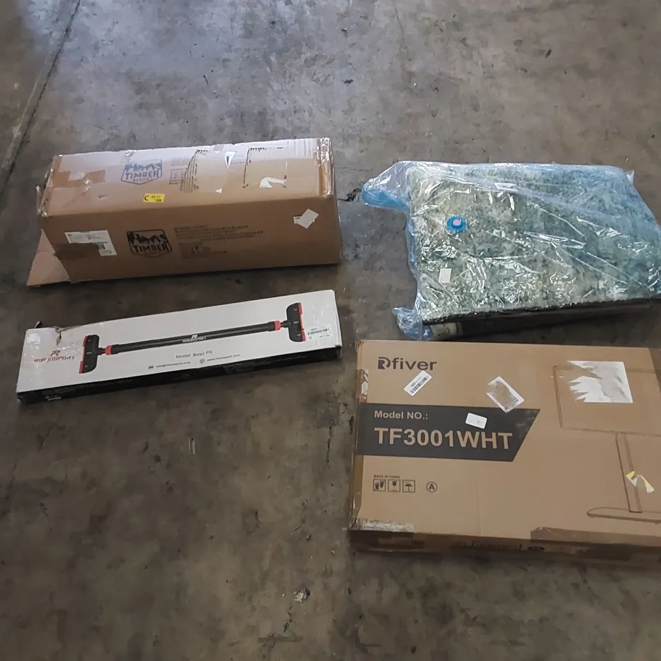 PALLET CONTAINING HOUSEHOLD AND CONSUMER PRODUCTS. INCLUDES AREA RUG, TENT, TV STAND, BOXED FURNITURE ETC 